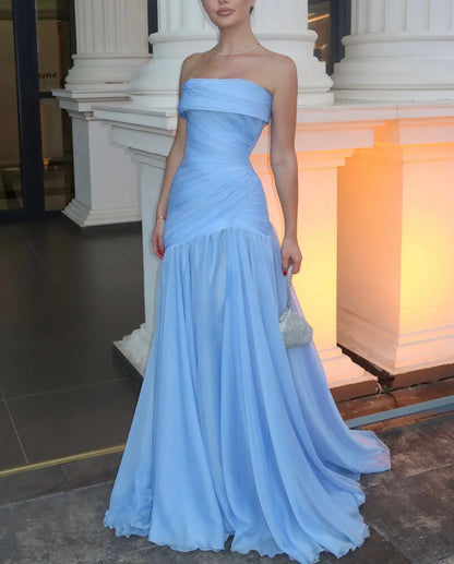 Modest Mermaid Strapless Blue Sleeveless Chiffon Long Prom Dresses With Pleated Inspo Prom Gown RB1348