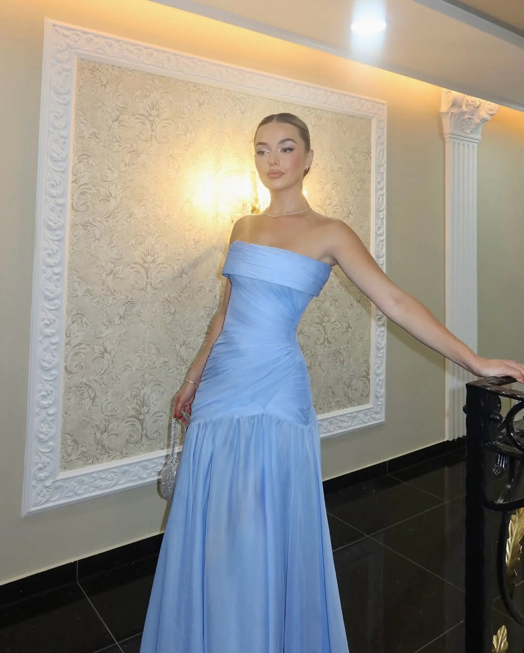 Modest Mermaid Strapless Blue Sleeveless Chiffon Long Prom Dresses With Pleated Inspo Prom Gown RB1348