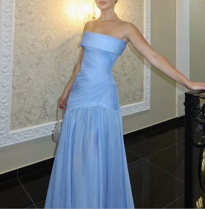 Modest Mermaid Strapless Blue Sleeveless Chiffon Long Prom Dresses With Pleated Inspo Prom Gown RB1348