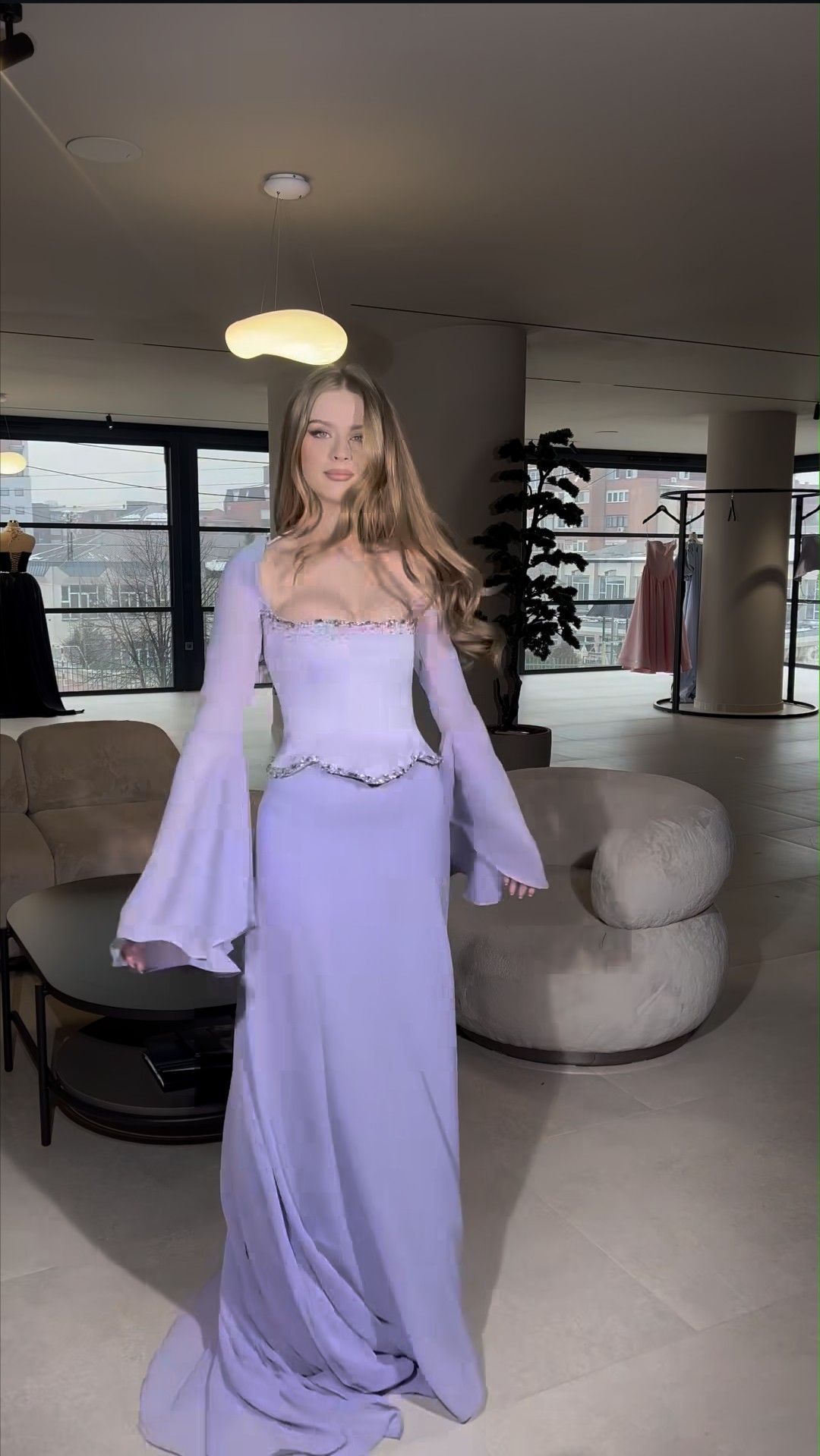 Chic Mermaid Spaghetti Straps Lilac Pleated Sleeveless Chiffon Long Prom Dresses With Scarf Inspo Prom Gown RB1349