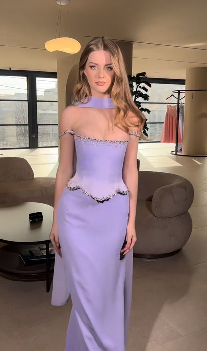Chic Mermaid Spaghetti Straps Lilac Pleated Sleeveless Chiffon Long Prom Dresses With Scarf Inspo Prom Gown RB1349