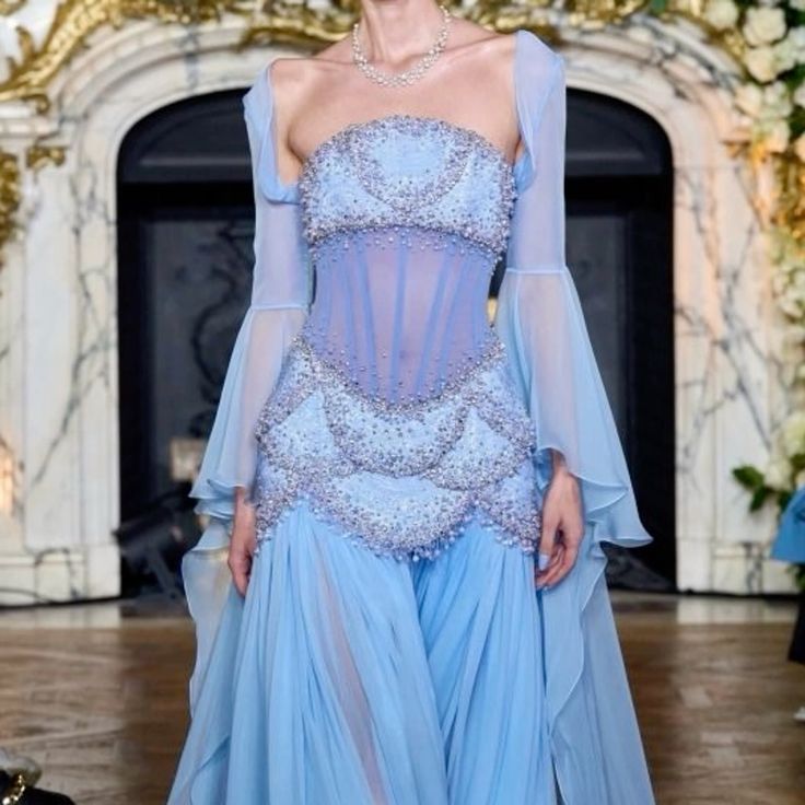Elegant Mermaid Strapless Maxi Long Party Light Blue Chiffon Beaded Prom Dresses Evening Dress RB1350