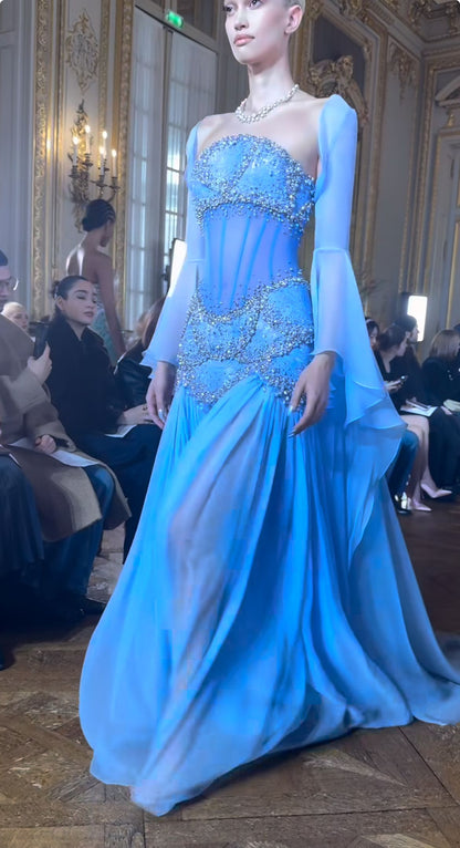 Elegant Mermaid Strapless Maxi Long Party Light Blue Chiffon Beaded Prom Dresses Evening Dress RB1350