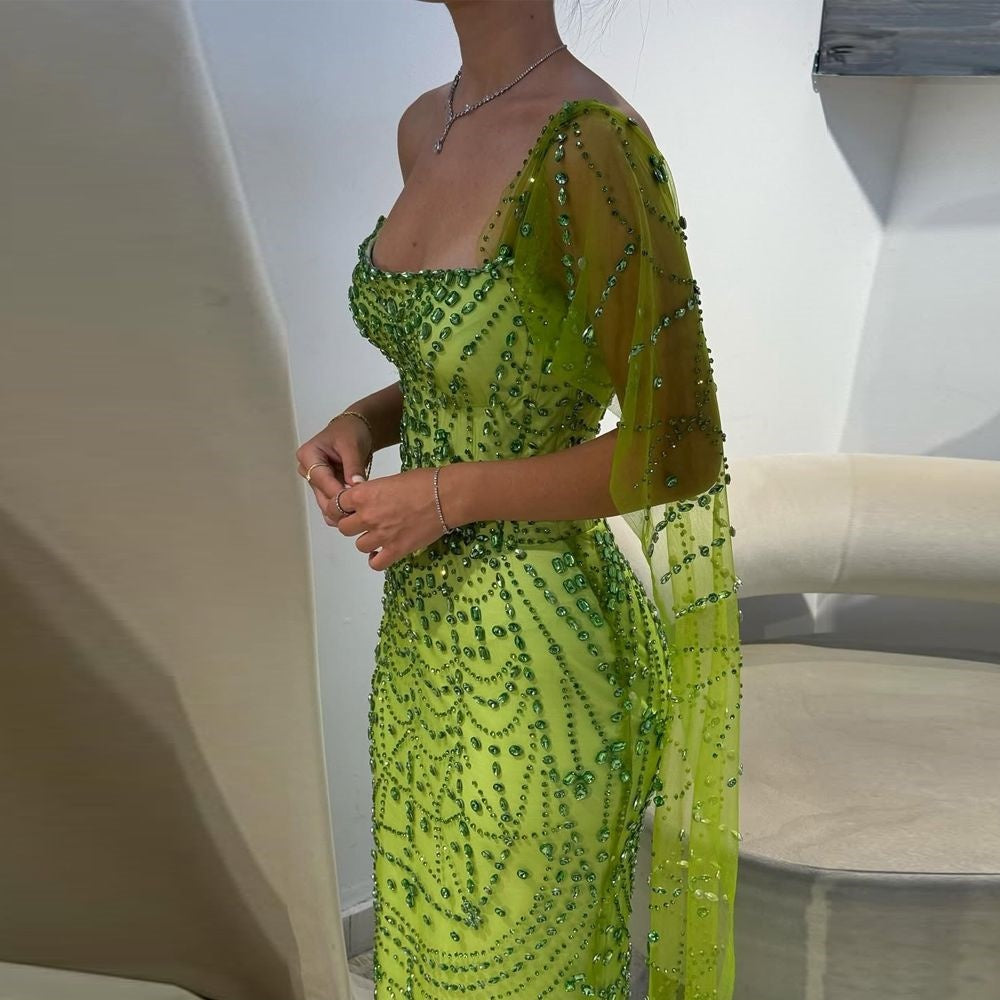 Shiny Mermaid Strapless Green Sequins Sleeveless Silver Beads Long Prom Dresses With Scarf Inspo Prom Gown RB1376