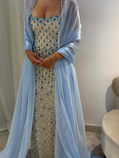 Chic Mermaid Strapless Neck Champagne Blue Silver Beaded Long Prom Dresses Inspo Prom Gown RB1377