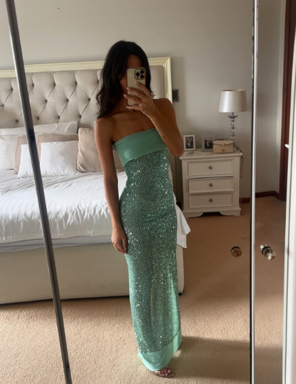 Shinning Mermaid Trägerloses Grünes Pailletten-Abschlussballkleid Partykleid 18. Geburtstag Outfits Abschlusskleid RB1381