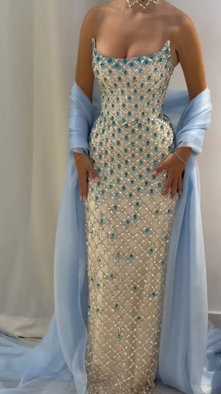 Chic Mermaid Strapless Neck Champagne Blue Silver Beaded Long Prom Dresses Inspo Prom Gown RB1377
