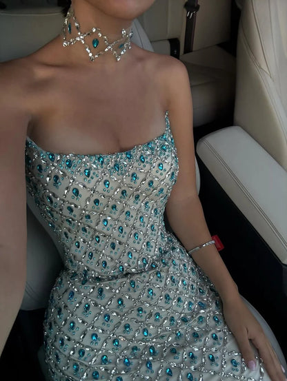 Modest Mermaid Strapless Blue Cape Sequin Long Prom Dresses Inspiration Prom Dress Senior Graduation Dress RB937