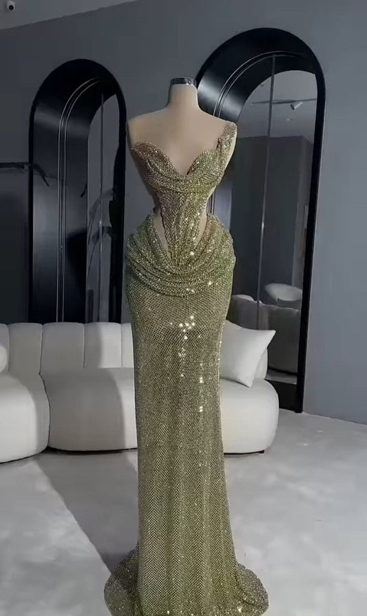 Sexy Mermaid One Shoulder Green Beads Sequins Sleeveless Pleated Long Prom Dresses Inspo Prom Gown RB1383