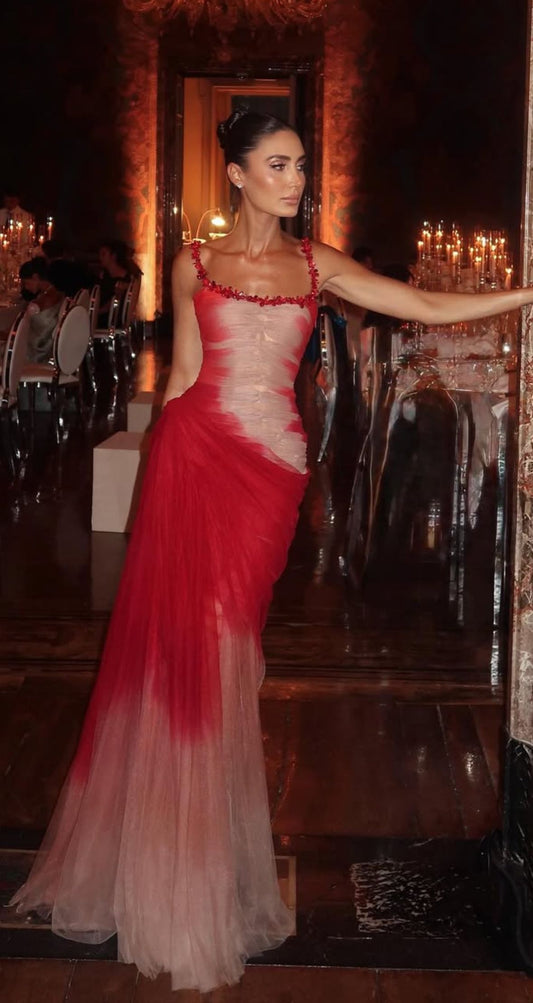 Classy Mermaid Square Neck Ombre Red White Multi Color Beaded Long Prom Dresses Inspo Glitter Prom Gown RB1395