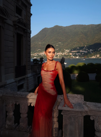 Classy Mermaid Square Neck Ombre Red White Multi Color Beaded Long Prom Dresses Inspo Glitter Prom Gown RB1395