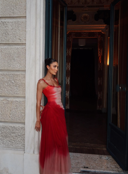 Classy Mermaid Square Neck Ombre Red White Multi Color Beaded Long Prom Dresses Inspo Glitter Prom Gown RB1395