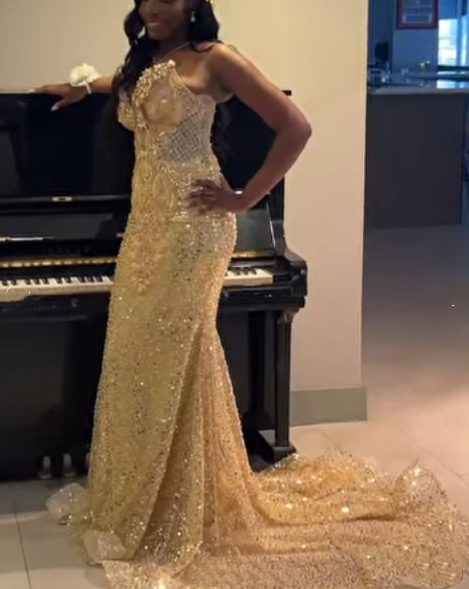 Chic Mermaid Sweetheart Gold Sequin Beaded Prom Dresses Party Dress 20th Birthday Outfits Graduation Dress RB1409