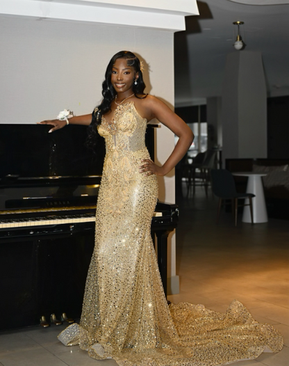 Chic Mermaid Sweetheart Gold Sequin Beaded Prom Dresses Party Dress 20th Birthday Outfits Graduation Dress RB1409