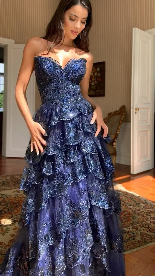 Besonderes A-Linie Herzausschnitt Dunkelmarineblau Spitze Pailletten Ärmellos Langes Ballkleid Inspo Ballkleid RB1410