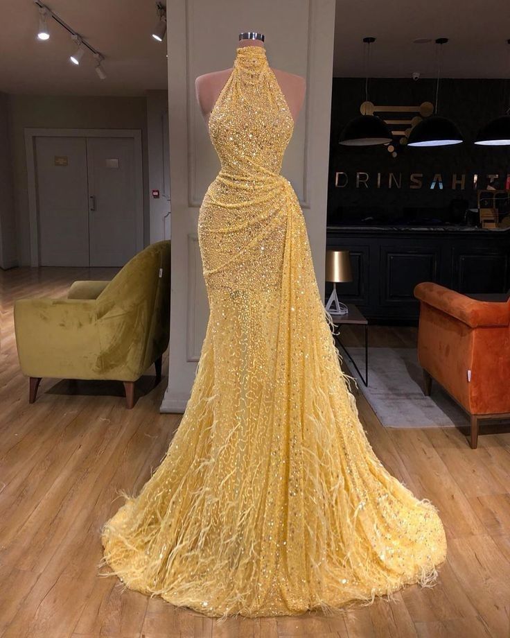 Chic Mermaid High Neck Yellow Sequin Prom Dresses Party Dress 19th Birthday Outfits Graduation Dress RB1438