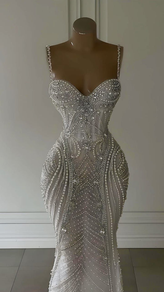 Sparkly Mermaid Spaghetti Straps White Sequin Beaded Wedding Dress Long Bridal Gown Wedding Dresses RB1442