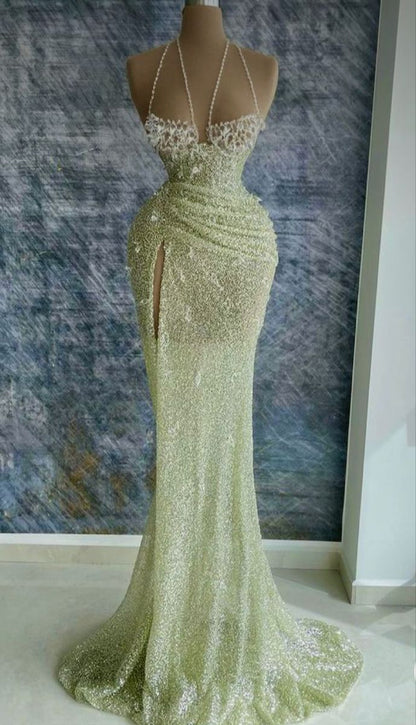 Glamour Mermaid Sweetheart Sequin Sage Green Split Prom Dresses Party Dress 20th Birthday Outfits Graduation Dress RB1447