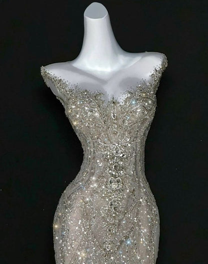Romantic Mermaid Scoop Neck Silver Sequin Fitted Corset Beads Wedding Dress Long Bridal Gown Wedding Dresses RB1459