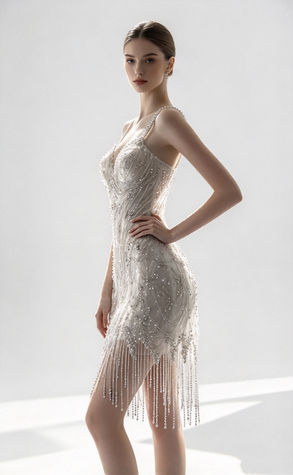 Robe de mariée courte à paillettes et perles, coupe trapèze, bretelles spaghetti, blanche, RB1463