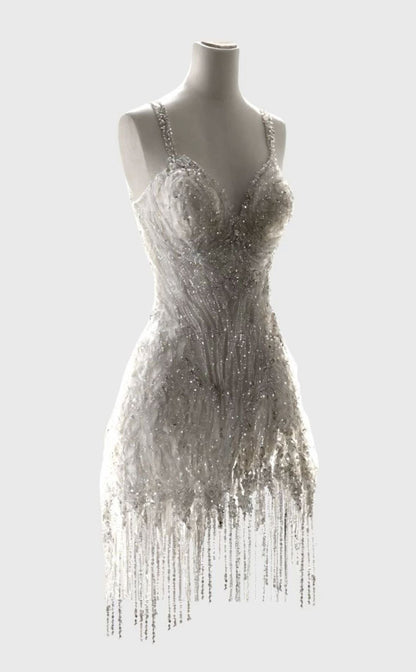Robe de mariée courte à paillettes et perles, coupe trapèze, bretelles spaghetti, blanche, RB1463