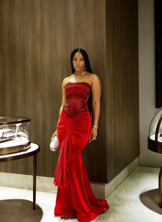 Elegant Mermaid Strapless Red Velvet Prom Dresses Party Dress 18th Birthday Outfits Graduation Dress RB1482