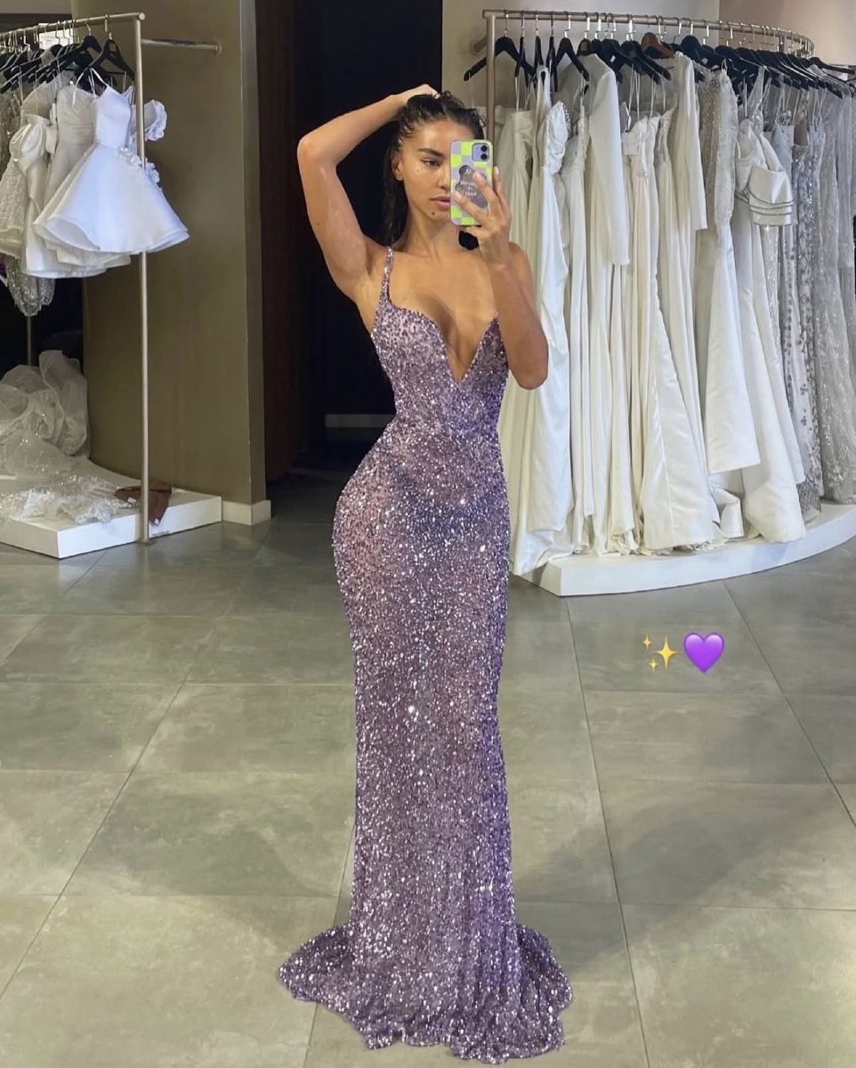 Classy Mermaid Spaghetti Straps Lilac Sequin Long Prom Dresses Inspo Glitter Prom Gown RB1483