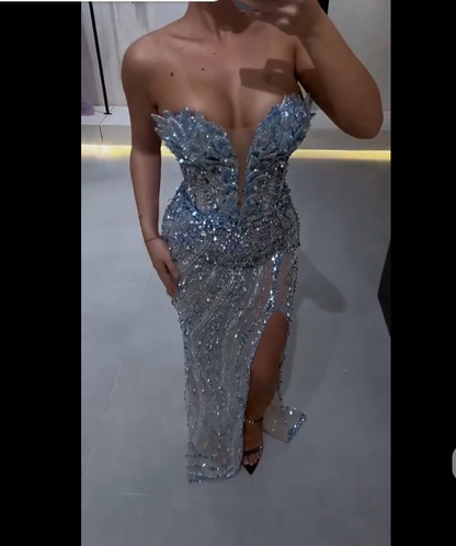 Elegant Mermaid Sweetheart Sequin Slit Beaded Blue Prom Dresses For Teens Party Dress 18th Birthday Outfits Prom Gown RB1493