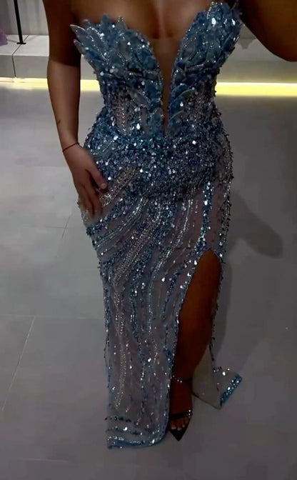 Gorgeous Mermaid Sweetheart Blue Slit Sequins Beaded Bodice Prom Dresses Long Formal Party Gown AB366