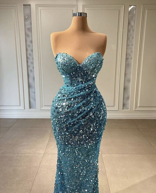 Enchanted Mermaid Sweetheart Blue Silver Beads Sequin Prom Dresses Party Dress 20th Birthday Outfits Graduation Dress RB1494