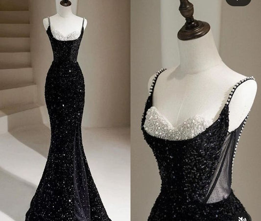 Glamour Mermaid Spaghetti Straps Black Sequin Long Prom Dresses Party Dress 20th Birthday Outfits Prom Gowns RB1511