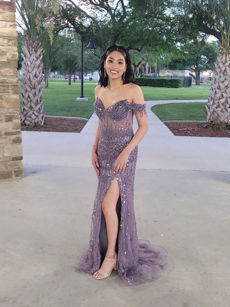 Ethereal Mermaid Off The Shoulder Light Grape Tulle Slit Prom Dresses Formal Dress 20th Birthday Outfits Prom Gown RB1516