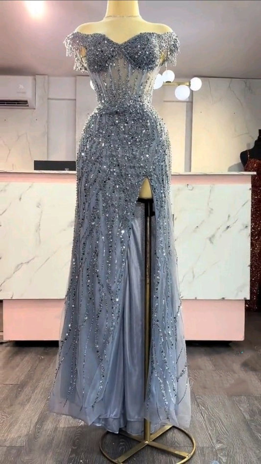 Ethereal Mermaid Off The Shoulder Gray Tulle Slit Prom Dresses Formal Dress 23rd Birthday Outfits Prom Gown RB1518