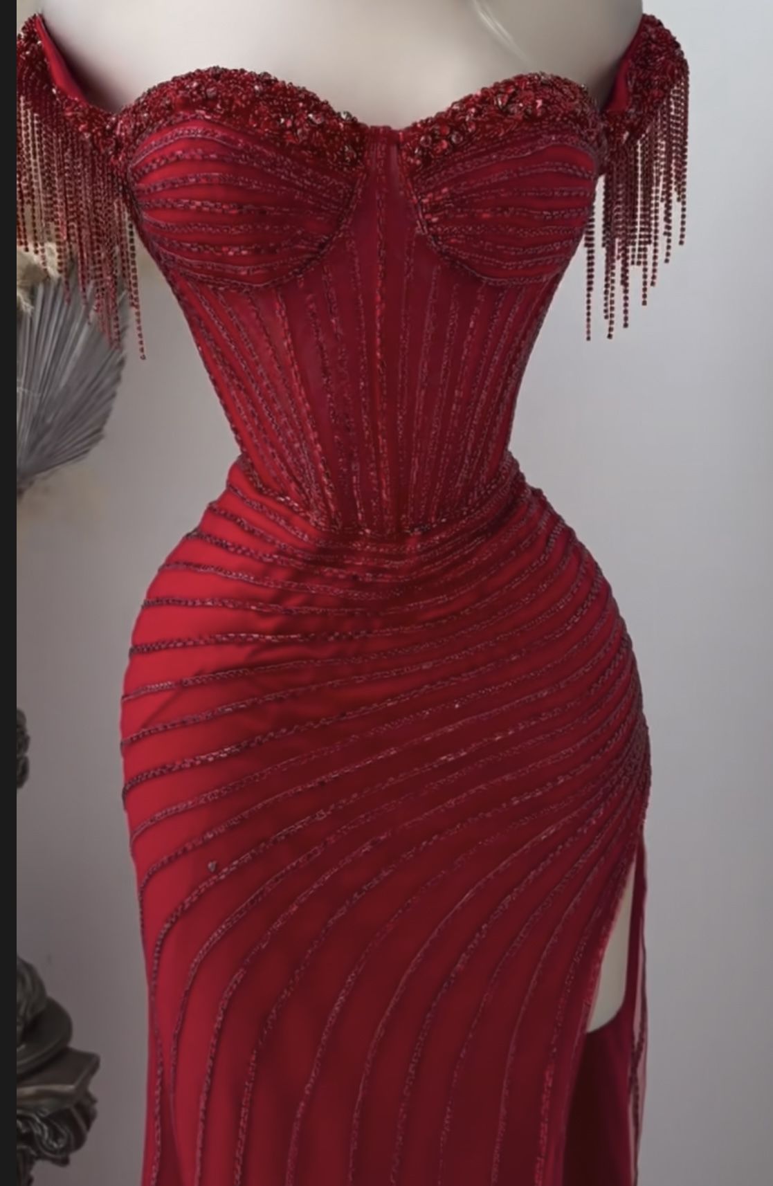 Ethereal Mermaid Off The Shoulder Red Beaded Slit Prom Dresses Formal Dress 23rd Birthday Outfits Prom Gown RB1524
