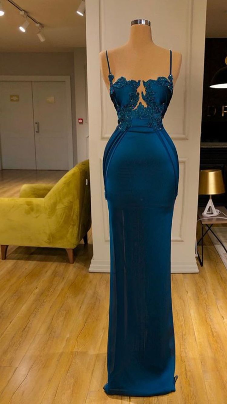 Princess Mermaid Spaghetti Straps Blue Satin Lace Prom Dresses Impress 22th Birthday Outfits Prom Gowns RB1534