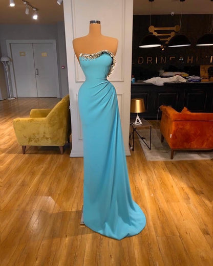 Classy Mermaid Strapless Blue Pleated Beaded Long Prom Dresses For Teens Formal Dress 18th Birthday Outfits Prom Gown RB1539
