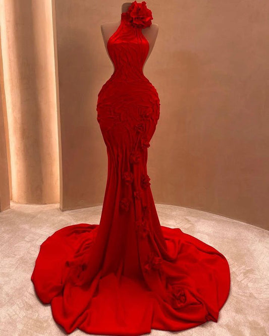 Princess Mermaid High Neck Red Satin Pleated Prom Dresses Impress 22th Birthday Outfits Prom Gowns RB1543