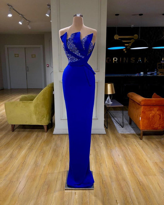 Glamour Mermaid Strapless Royal Blue Satin Beaded Long Prom Dresses Prom Gown 20th Birthday Outfits Formal Dress RB1547