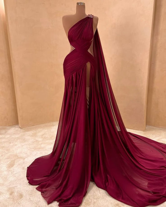 Princess Mermaid One Shoulder Burgundy Pleated Chiffon Split Prom Dresses Impress 22th Birthday Outfits Prom Gowns RB1549