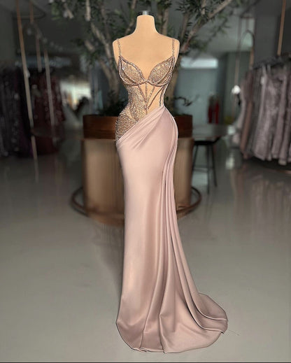 Modest Mermaid Spaghetti Straps Satin Pleated Beaded Long Prom Dresses Impress 22th Birthday Outfits Prom Gowns RB1551