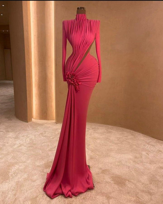 Charming Mermaid High Neck Pink Pleated Long Prom Dresses Prom Gown 20th Birthday Outfits Formal Dress RB1552
