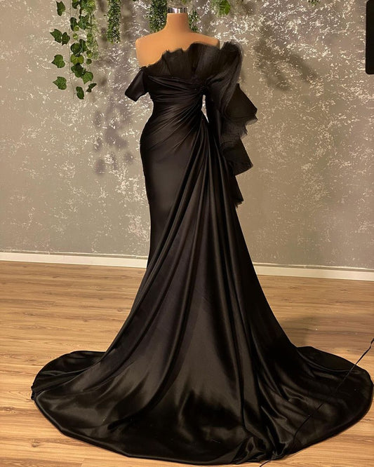 Ethereal Mermaid Off The Shoulder Black Pleated Satin Prom Dresses Formal Dress 23rd Birthday Outfits Prom Gown RB1555
