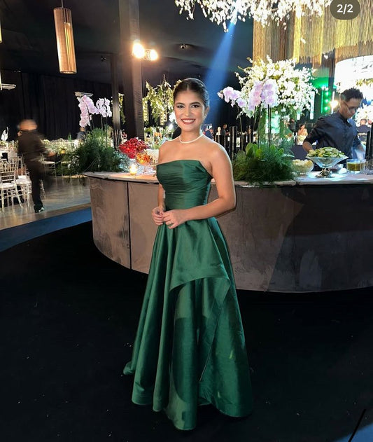 Modest A Line Strapless Dark Green Satin Pleated Long Prom Dresses Impress 22th Birthday Outfits Prom Gowns RB1564