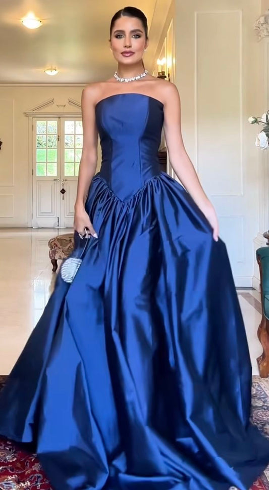 Chic Ball Gown Strapless Navy Blue Satin Long Prom Dresses 22th Birthday Outfits Prom Gown RB1567
