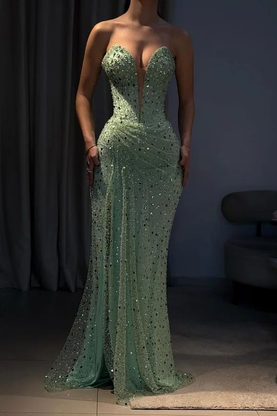 Modest Mermaid Sweetheart Mint Green Sequin Pleated Beaded Long Prom Dresses For Teens Formal Dress 20th Birthday Outfits Prom Gown RB1574