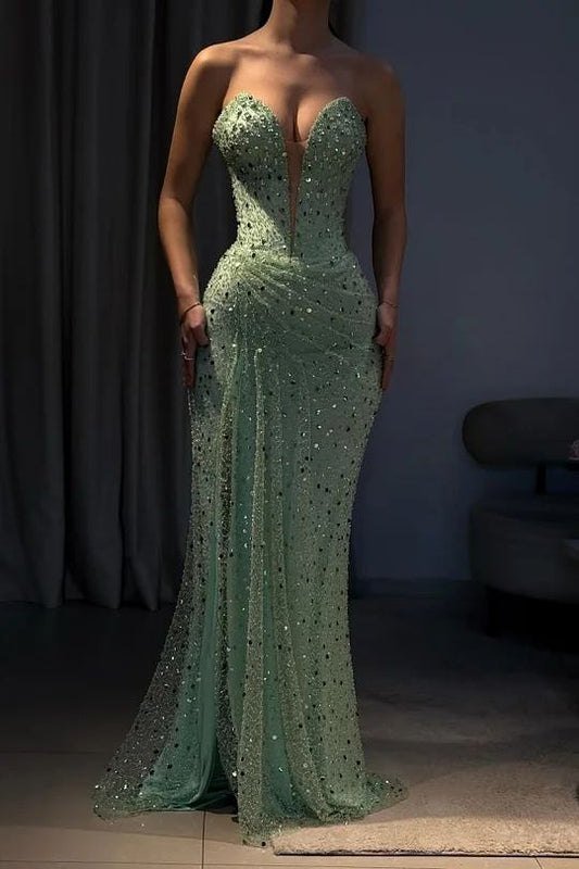 Modest Mermaid Sweetheart Mint Green Sequin Pleated Beaded Long Prom Dresses For Teens Formal Dress 20th Birthday Outfits Prom Gown RB1574