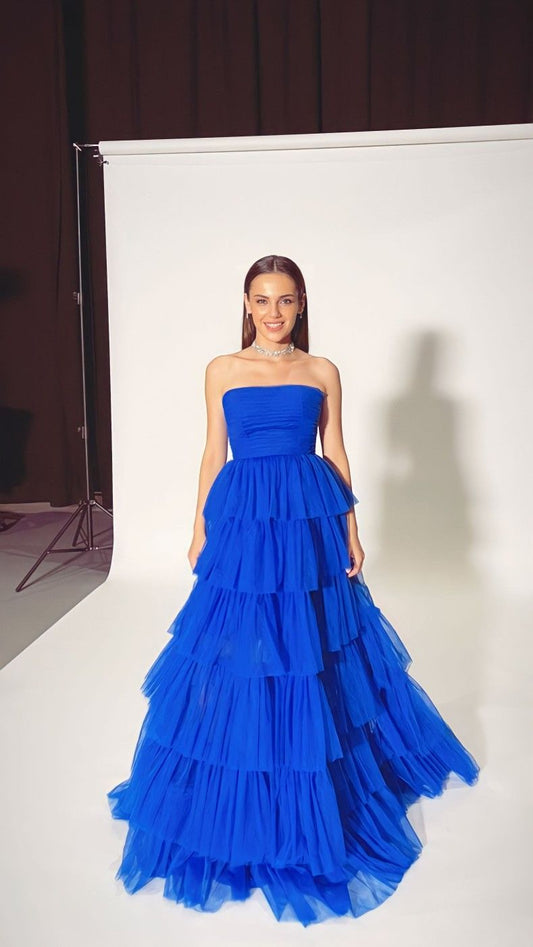 Charming Ball Gown Strapless Royal Blue Chiffon Long Prom Dresses Impress 18th Birthday Outfits Prom Gown RB1587