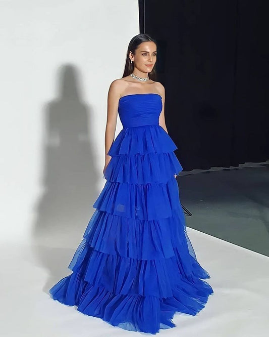 Charming Ball Gown Strapless Royal Blue Chiffon Long Prom Dresses Impress 18th Birthday Outfits Prom Gown RB1587