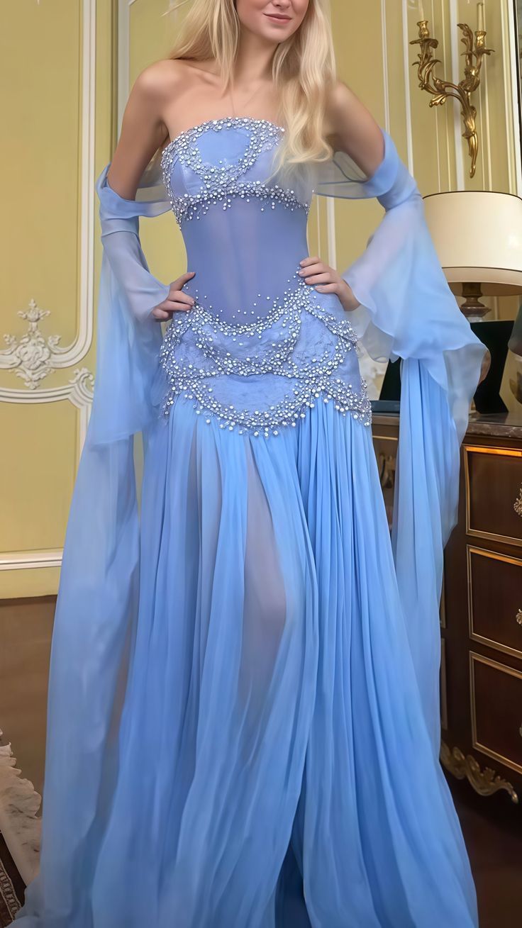 Pretty Mermaid Strapless Maxi Long Party Light Blue Chiffon Prom Dresses Evening Dress RB1595