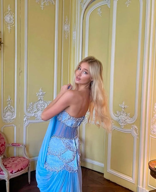 Modest Mermaid Strapless Blue Chiffon Beaded Long Prom Dresses For Teens Formal Dress 20th Birthday Outfits Prom Gown RB1595
